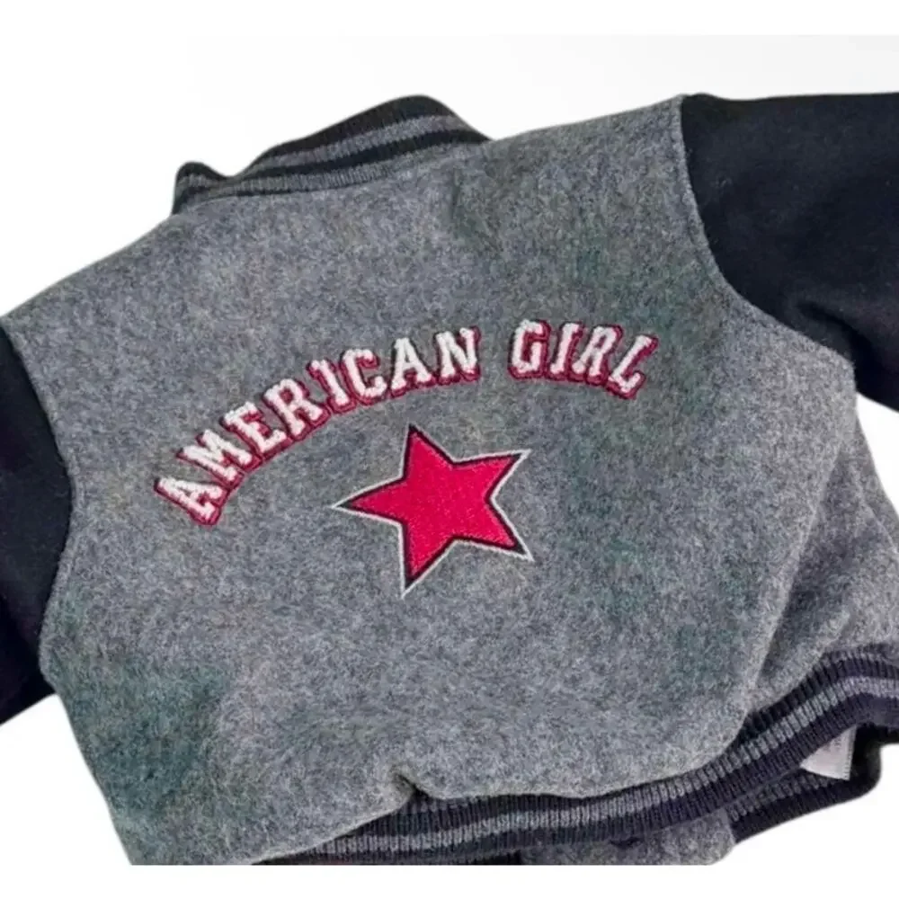 American Girl Varsity Jacket Hat Set Gray Wool Quilted Lined Coat Tassel Hat Vtg